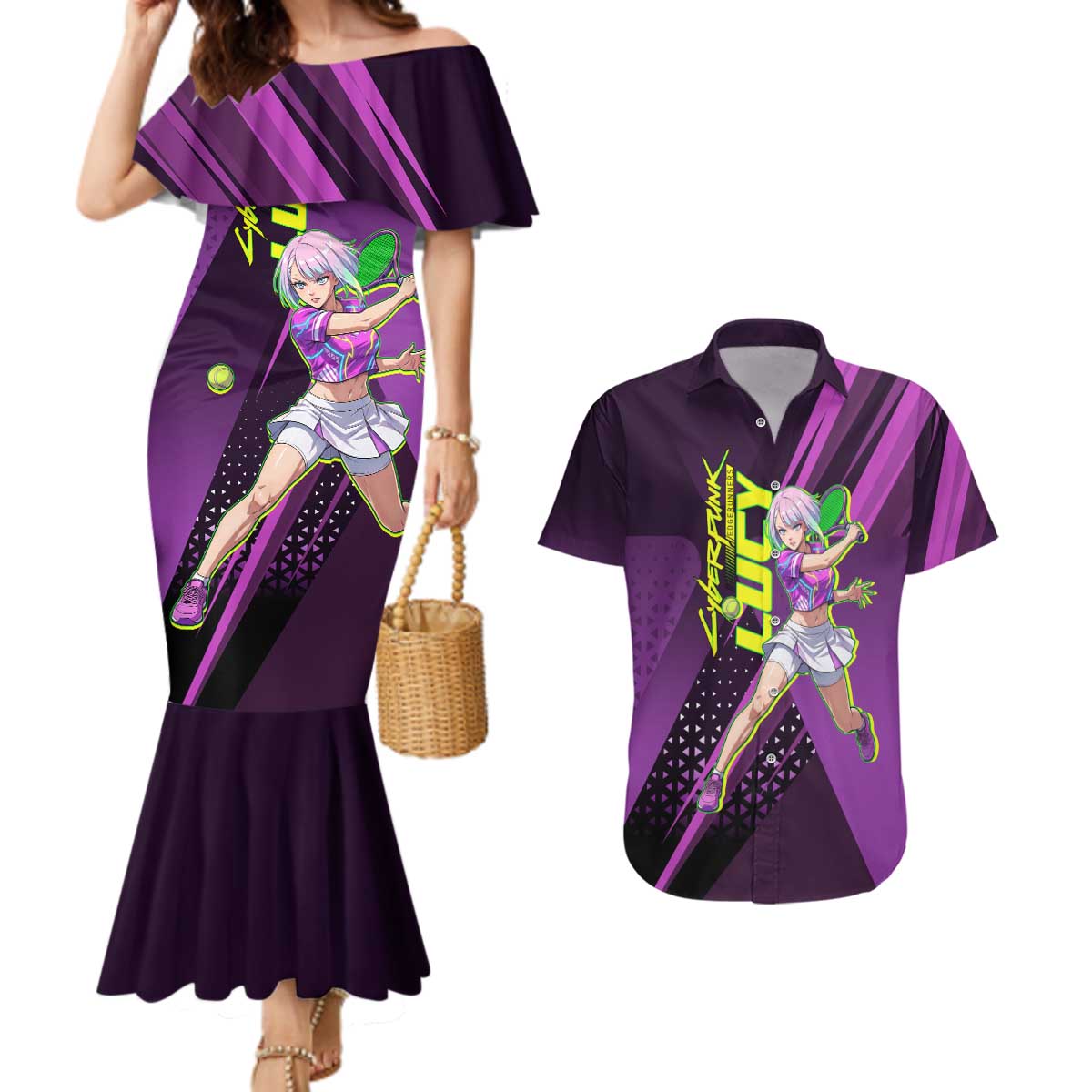 Personalized Lucy Tennis Design Couples Matching Mermaid Dress and Hawaiian Shirt with a Cyberpunk Edgerunners Theme Featuring Neon Purple and Dynamic Poses