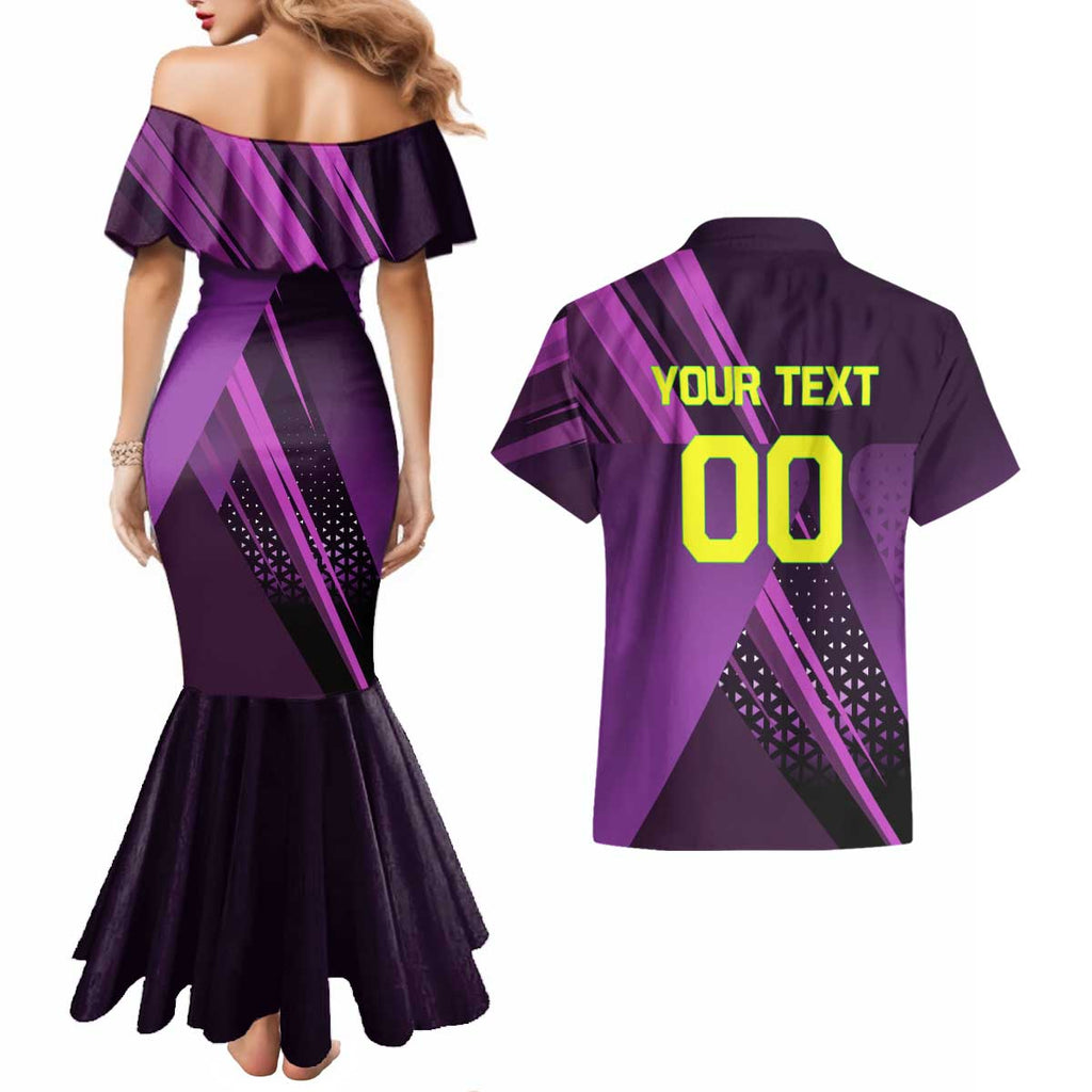 Personalized Lucy Tennis Design Couples Matching Mermaid Dress and Hawaiian Shirt with a Cyberpunk Edgerunners Theme Featuring Neon Purple and Dynamic Poses