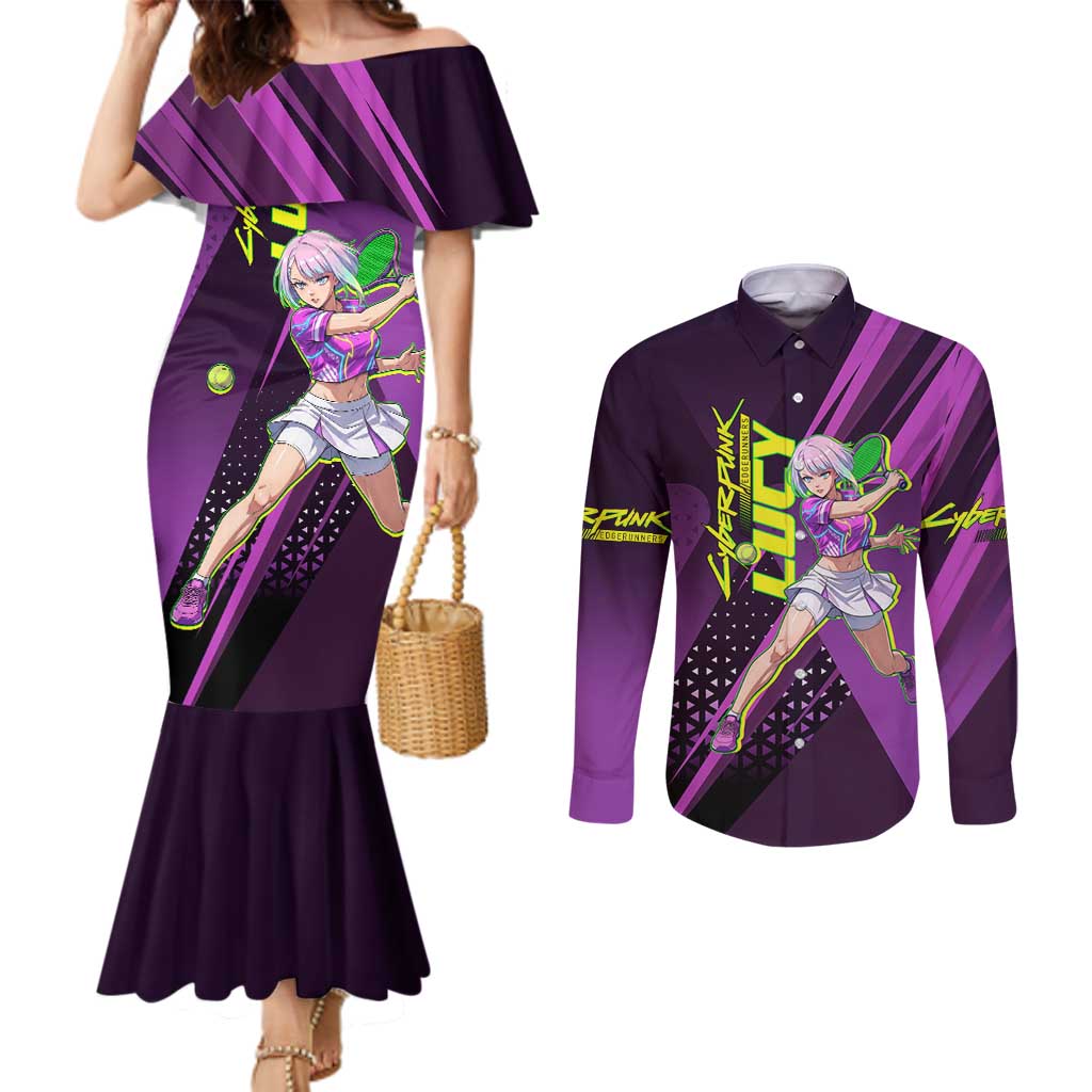 Personalized Lucy Tennis Design Couples Matching Mermaid Dress and Long Sleeve Button Shirt with a Cyberpunk Edgerunners Theme Featuring Neon Purple and Dynamic Poses