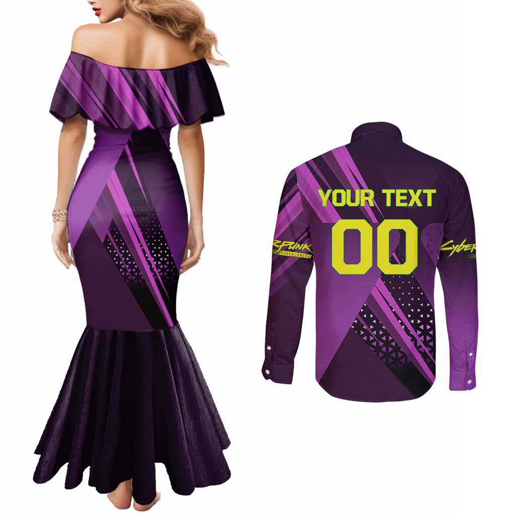 Personalized Lucy Tennis Design Couples Matching Mermaid Dress and Long Sleeve Button Shirt with a Cyberpunk Edgerunners Theme Featuring Neon Purple and Dynamic Poses