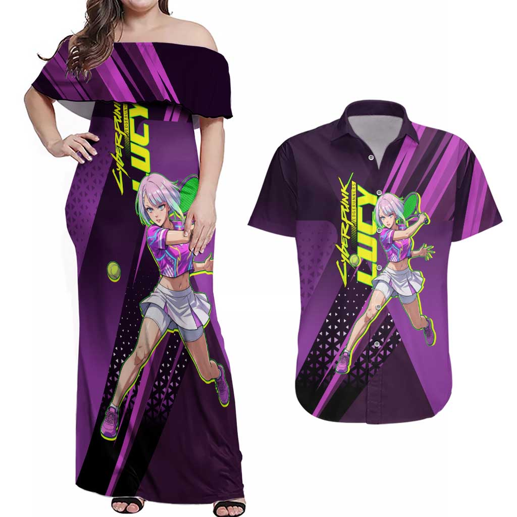 Personalized Lucy Tennis Design Couples Matching Off Shoulder Maxi Dress and Hawaiian Shirt with a Cyberpunk Edgerunners Theme Featuring Neon Purple and Dynamic Poses