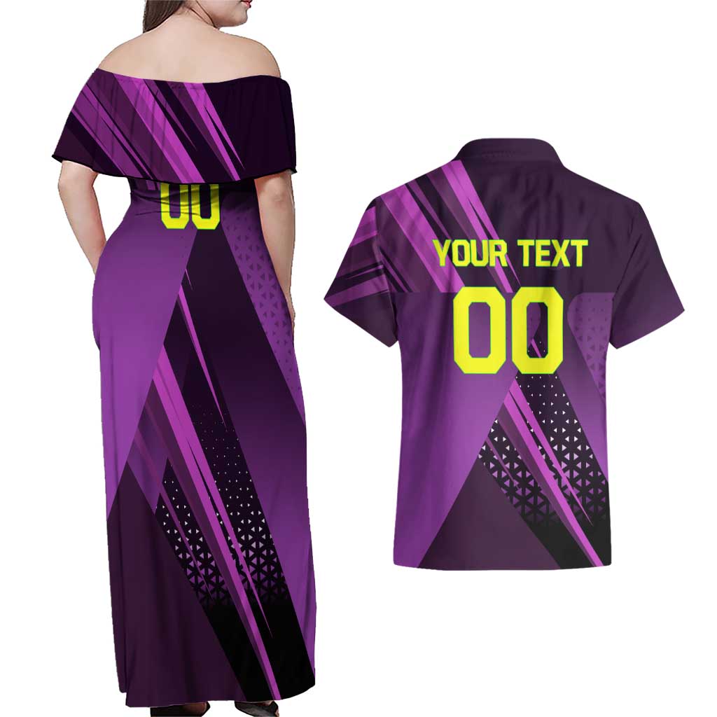 Personalized Lucy Tennis Design Couples Matching Off Shoulder Maxi Dress and Hawaiian Shirt with a Cyberpunk Edgerunners Theme Featuring Neon Purple and Dynamic Poses