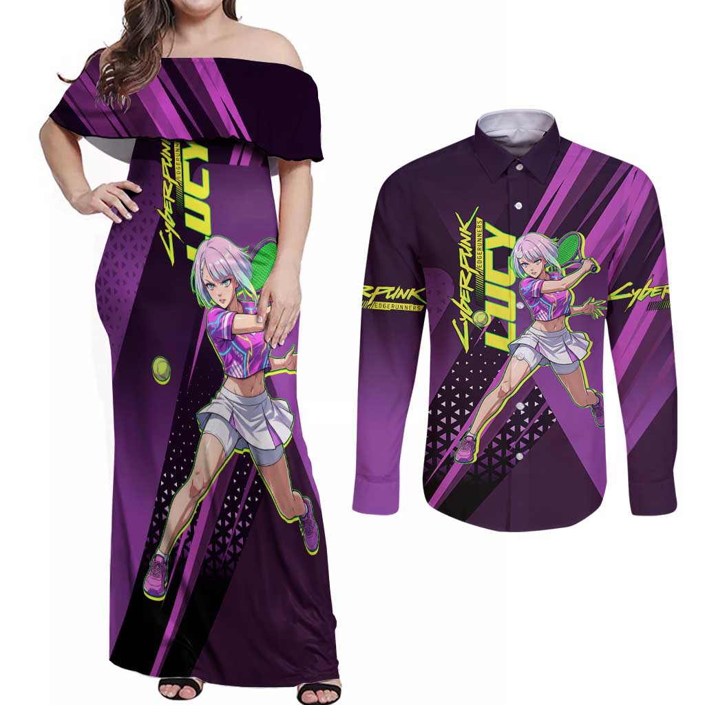 Personalized Lucy Tennis Design Couples Matching Off Shoulder Maxi Dress and Long Sleeve Button Shirt with a Cyberpunk Edgerunners Theme Featuring Neon Purple and Dynamic Poses