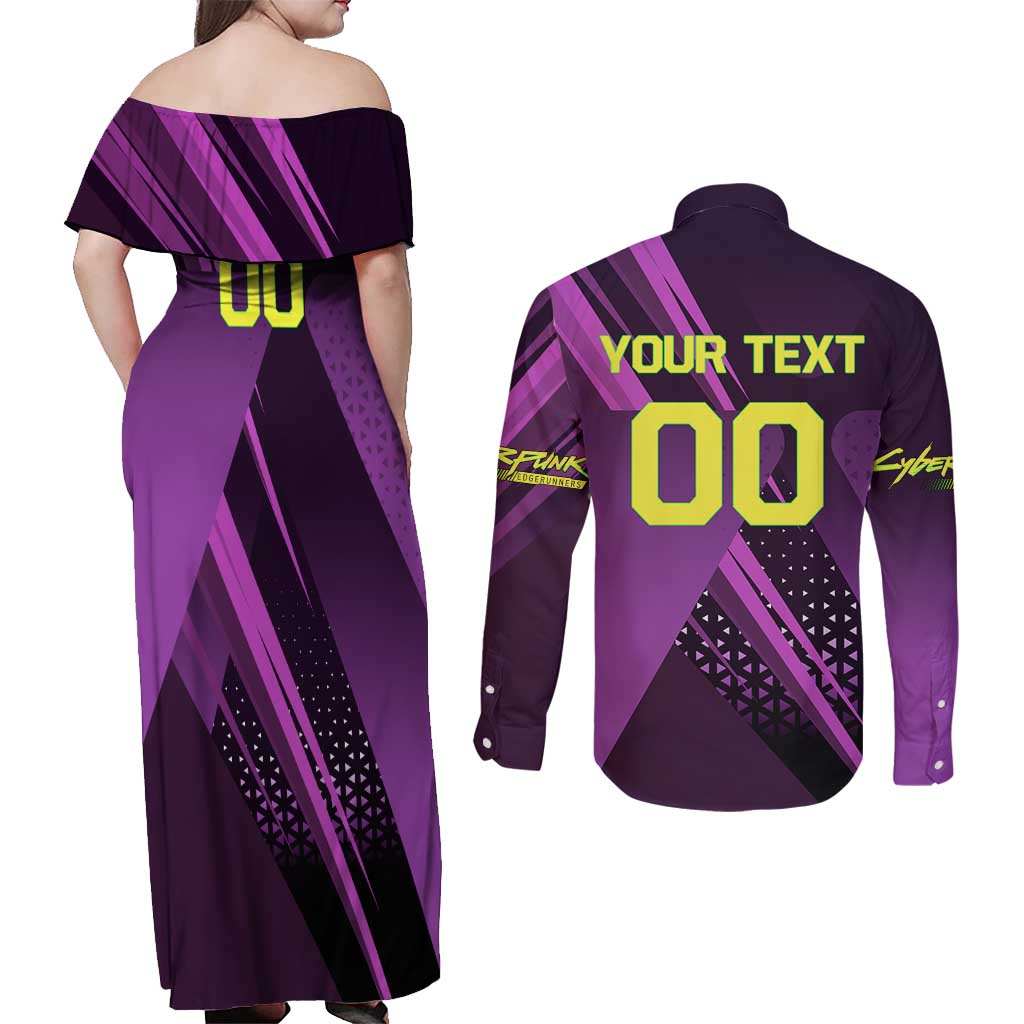 Personalized Lucy Tennis Design Couples Matching Off Shoulder Maxi Dress and Long Sleeve Button Shirt with a Cyberpunk Edgerunners Theme Featuring Neon Purple and Dynamic Poses