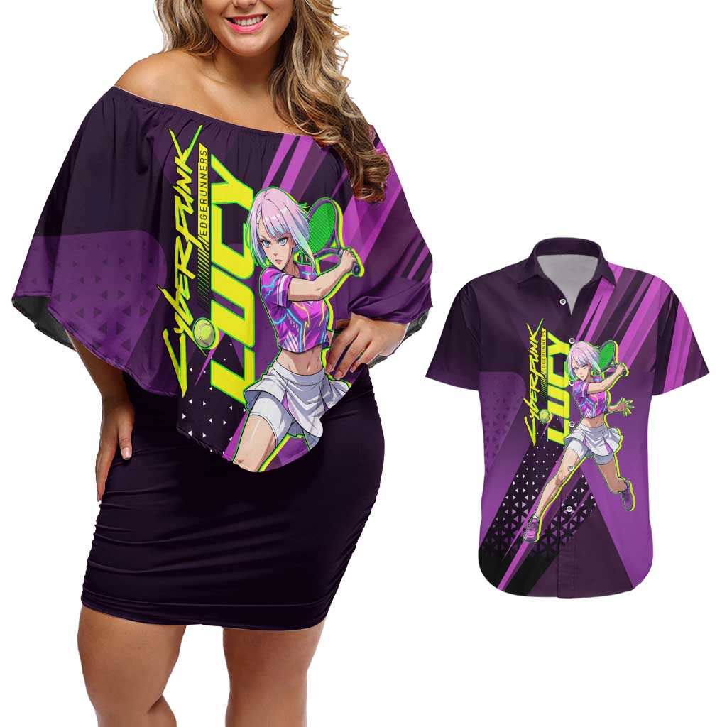 Personalized Lucy Tennis Design Couples Matching Off Shoulder Short Dress and Hawaiian Shirt with a Cyberpunk Edgerunners Theme Featuring Neon Purple and Dynamic Poses