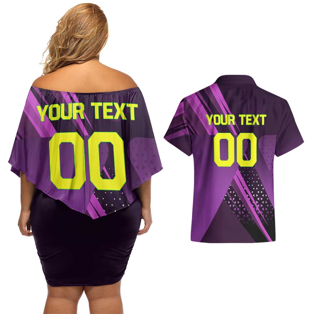 Personalized Lucy Tennis Design Couples Matching Off Shoulder Short Dress and Hawaiian Shirt with a Cyberpunk Edgerunners Theme Featuring Neon Purple and Dynamic Poses