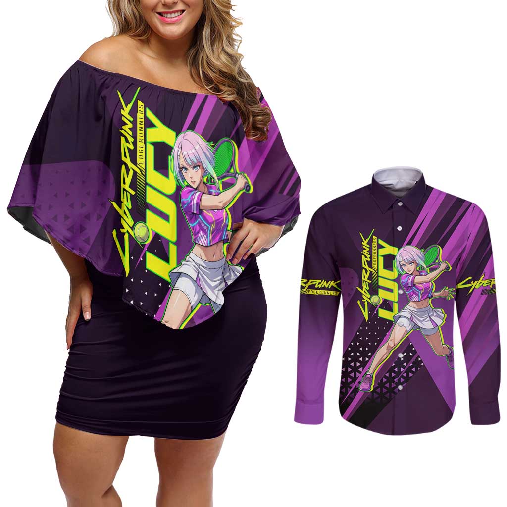 Personalized Lucy Tennis Design Couples Matching Off Shoulder Short Dress and Long Sleeve Button Shirt with a Cyberpunk Edgerunners Theme Featuring Neon Purple and Dynamic Poses