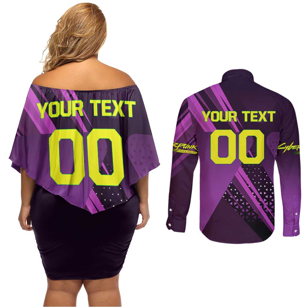 Personalized Lucy Tennis Design Couples Matching Off Shoulder Short Dress and Long Sleeve Button Shirt with a Cyberpunk Edgerunners Theme Featuring Neon Purple and Dynamic Poses