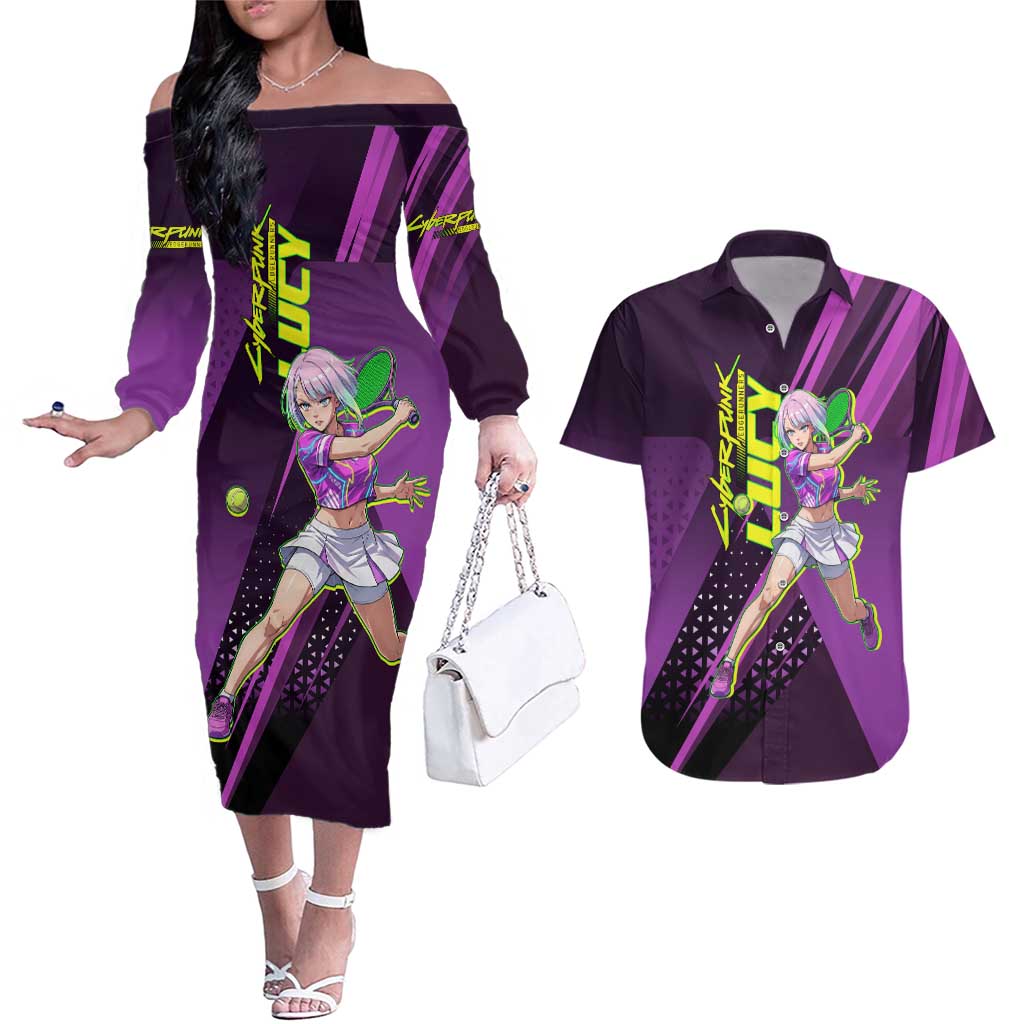 Personalized Lucy Tennis Design Couples Matching Off The Shoulder Long Sleeve Dress and Hawaiian Shirt with a Cyberpunk Edgerunners Theme Featuring Neon Purple and Dynamic Poses