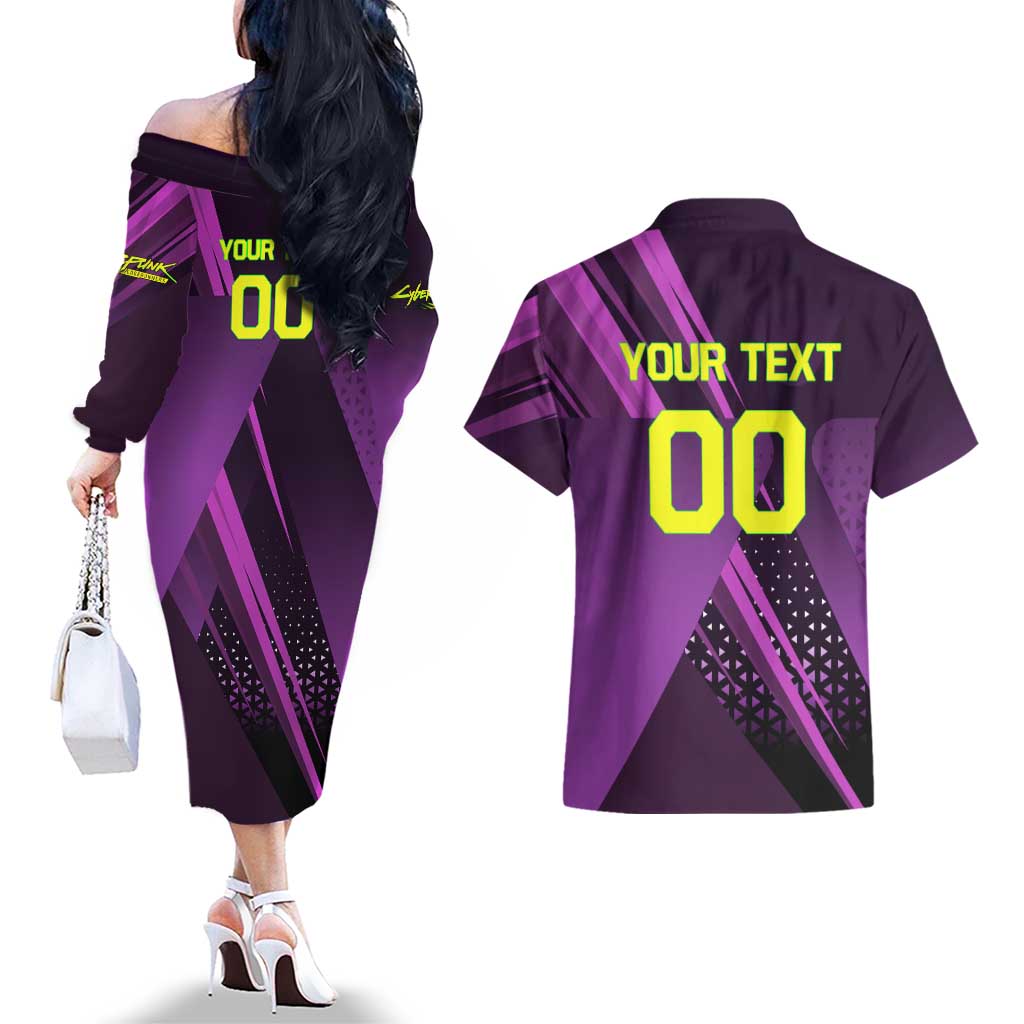 Personalized Lucy Tennis Design Couples Matching Off The Shoulder Long Sleeve Dress and Hawaiian Shirt with a Cyberpunk Edgerunners Theme Featuring Neon Purple and Dynamic Poses