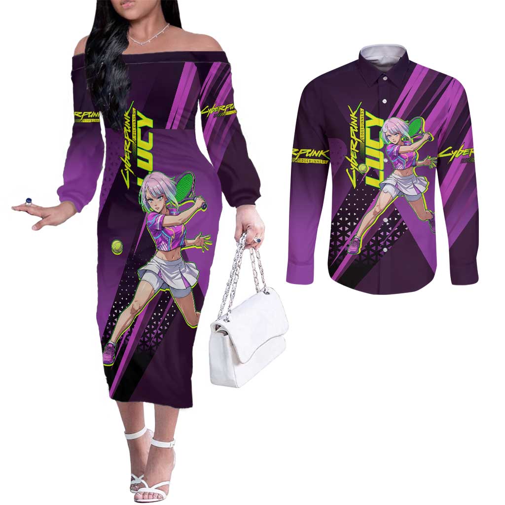Personalized Lucy Tennis Design Couples Matching Off The Shoulder Long Sleeve Dress and Long Sleeve Button Shirt with a Cyberpunk Edgerunners Theme Featuring Neon Purple and Dynamic Poses