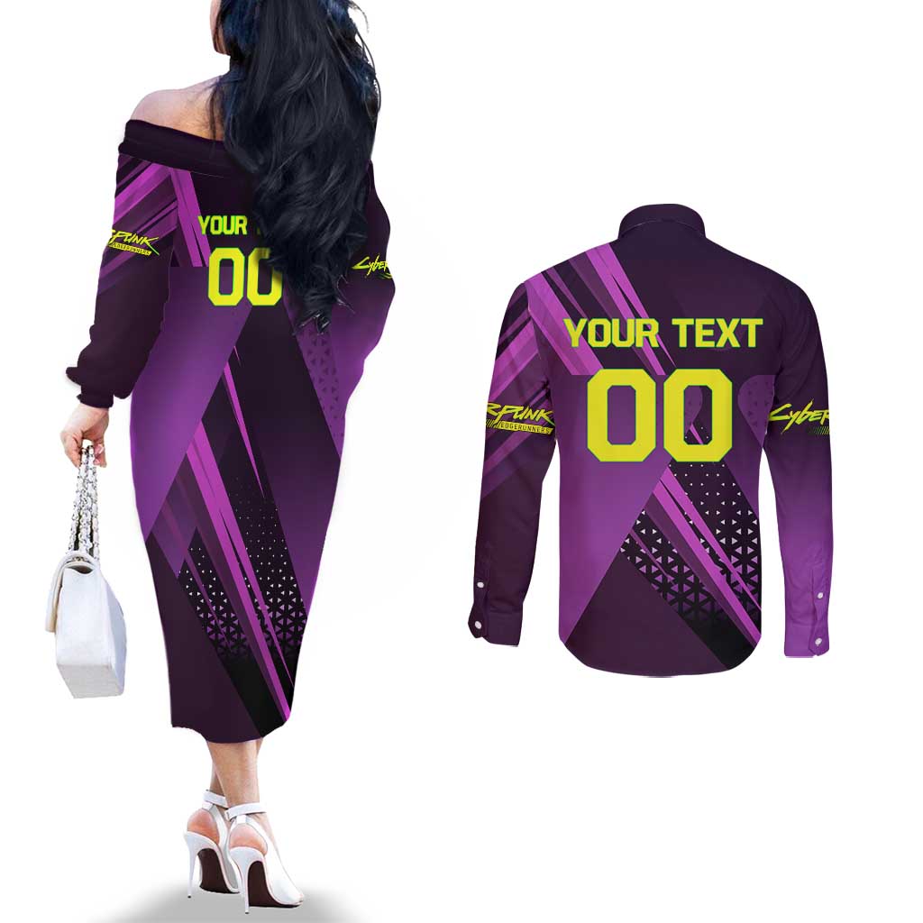 Personalized Lucy Tennis Design Couples Matching Off The Shoulder Long Sleeve Dress and Long Sleeve Button Shirt with a Cyberpunk Edgerunners Theme Featuring Neon Purple and Dynamic Poses
