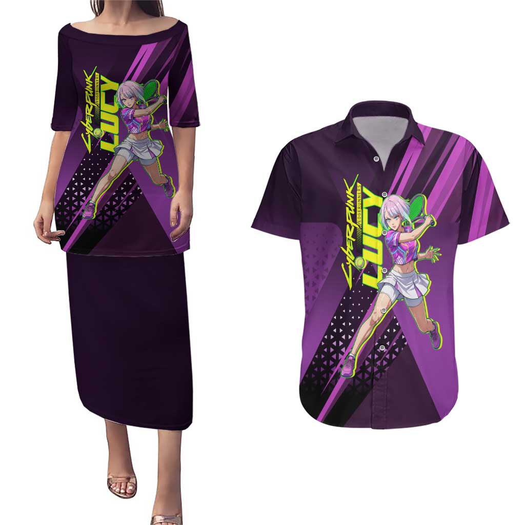 Personalized Lucy Tennis Design Couples Matching Puletasi and Hawaiian Shirt with a Cyberpunk Edgerunners Theme Featuring Neon Purple and Dynamic Poses