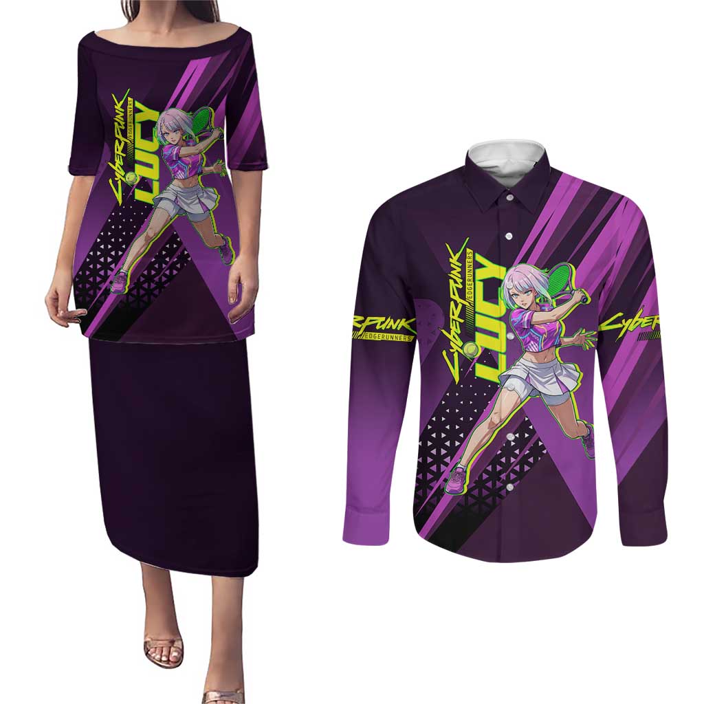 Personalized Lucy Tennis Design Couples Matching Puletasi and Long Sleeve Button Shirt with a Cyberpunk Edgerunners Theme Featuring Neon Purple and Dynamic Poses
