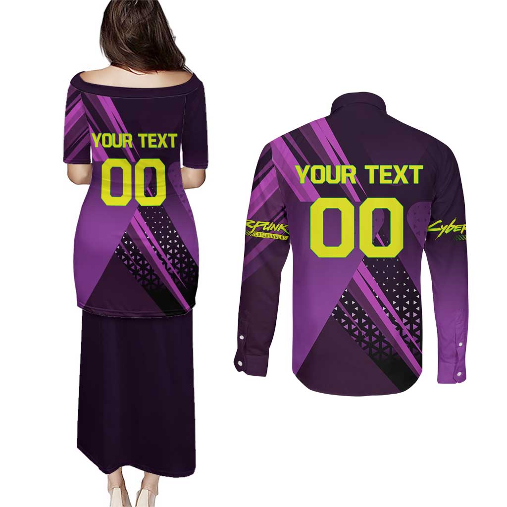 Personalized Lucy Tennis Design Couples Matching Puletasi and Long Sleeve Button Shirt with a Cyberpunk Edgerunners Theme Featuring Neon Purple and Dynamic Poses