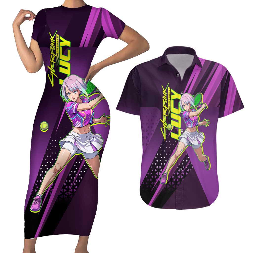 Personalized Lucy Tennis Design Couples Matching Short Sleeve Bodycon Dress and Hawaiian Shirt with a Cyberpunk Edgerunners Theme Featuring Neon Purple and Dynamic Poses