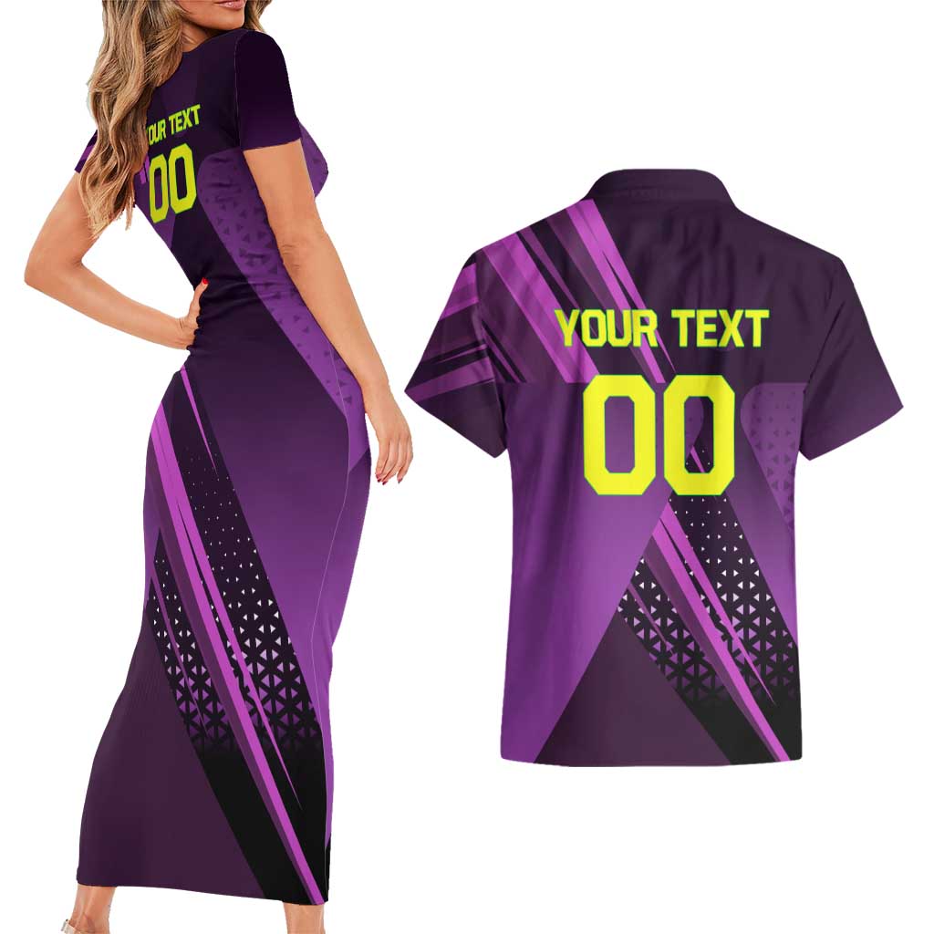 Personalized Lucy Tennis Design Couples Matching Short Sleeve Bodycon Dress and Hawaiian Shirt with a Cyberpunk Edgerunners Theme Featuring Neon Purple and Dynamic Poses