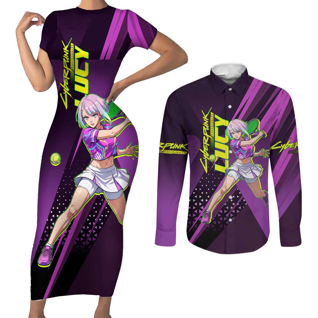 Personalized Lucy Tennis Design Couples Matching Short Sleeve Bodycon Dress and Long Sleeve Button Shirt with a Cyberpunk Edgerunners Theme Featuring Neon Purple and Dynamic Poses