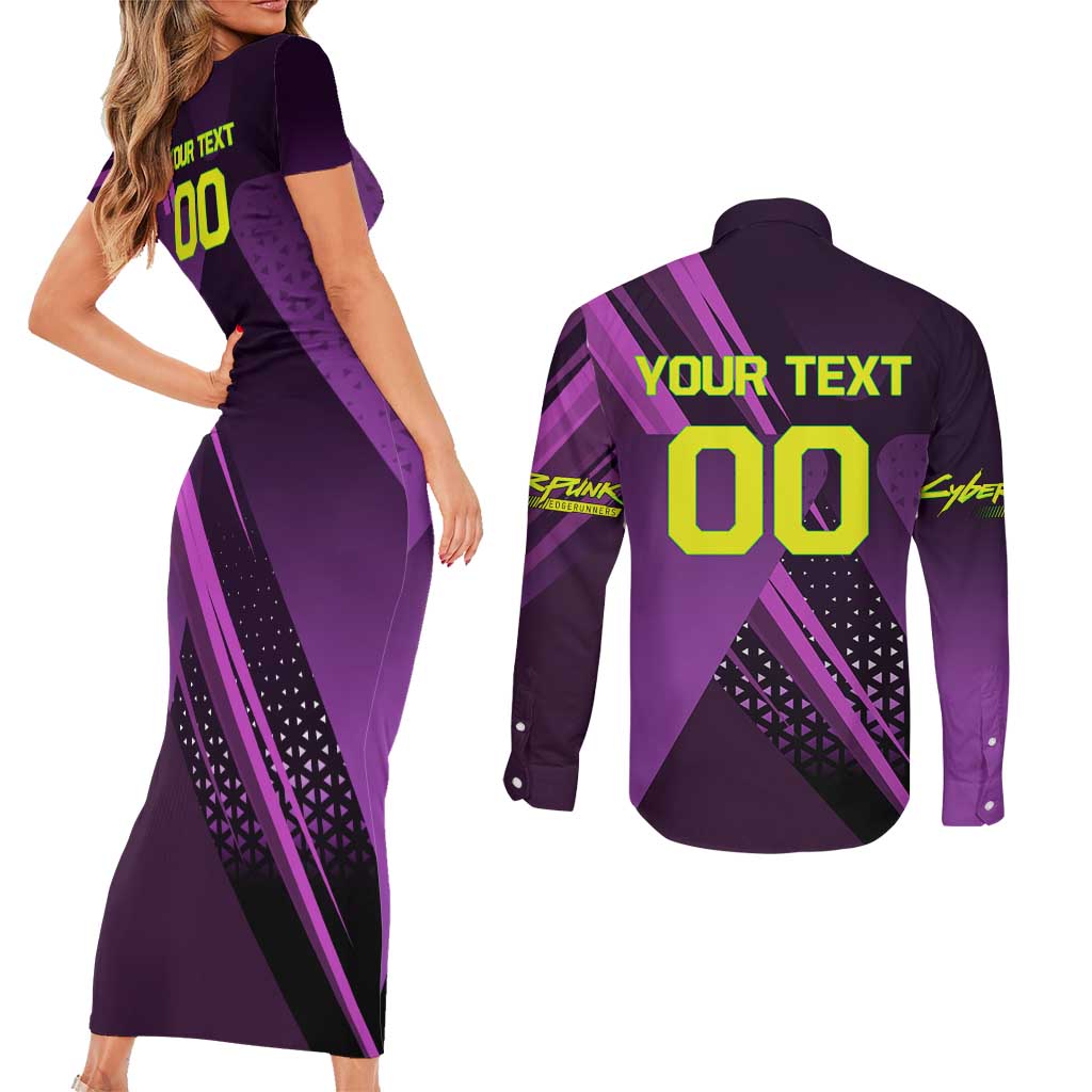 Personalized Lucy Tennis Design Couples Matching Short Sleeve Bodycon Dress and Long Sleeve Button Shirt with a Cyberpunk Edgerunners Theme Featuring Neon Purple and Dynamic Poses