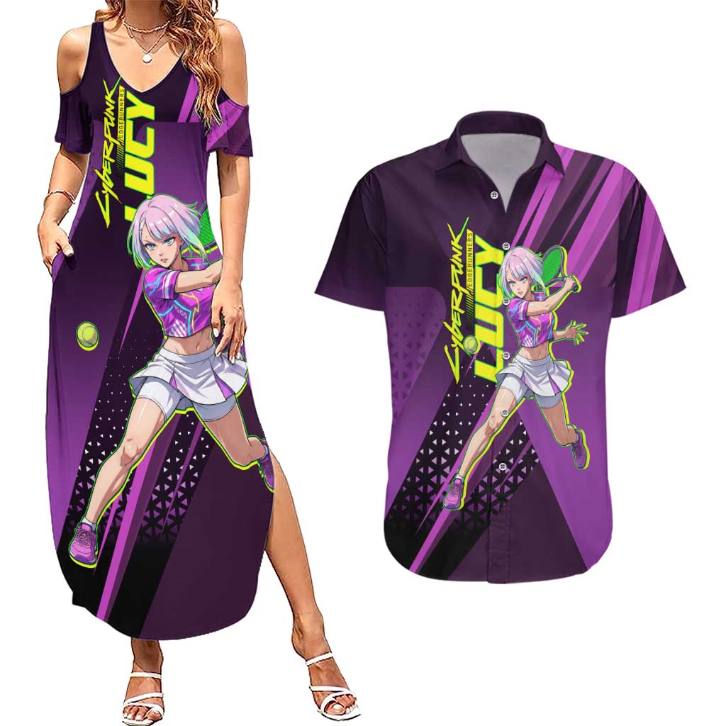 Personalized Lucy Tennis Design Couples Matching Summer Maxi Dress and Hawaiian Shirt with a Cyberpunk Edgerunners Theme Featuring Neon Purple and Dynamic Poses