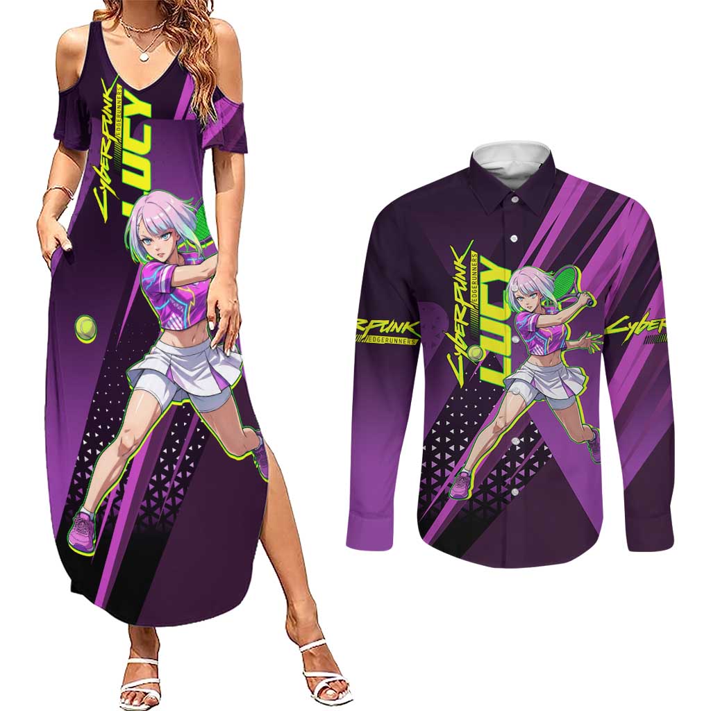 Personalized Lucy Tennis Design Couples Matching Summer Maxi Dress and Long Sleeve Button Shirt with a Cyberpunk Edgerunners Theme Featuring Neon Purple and Dynamic Poses