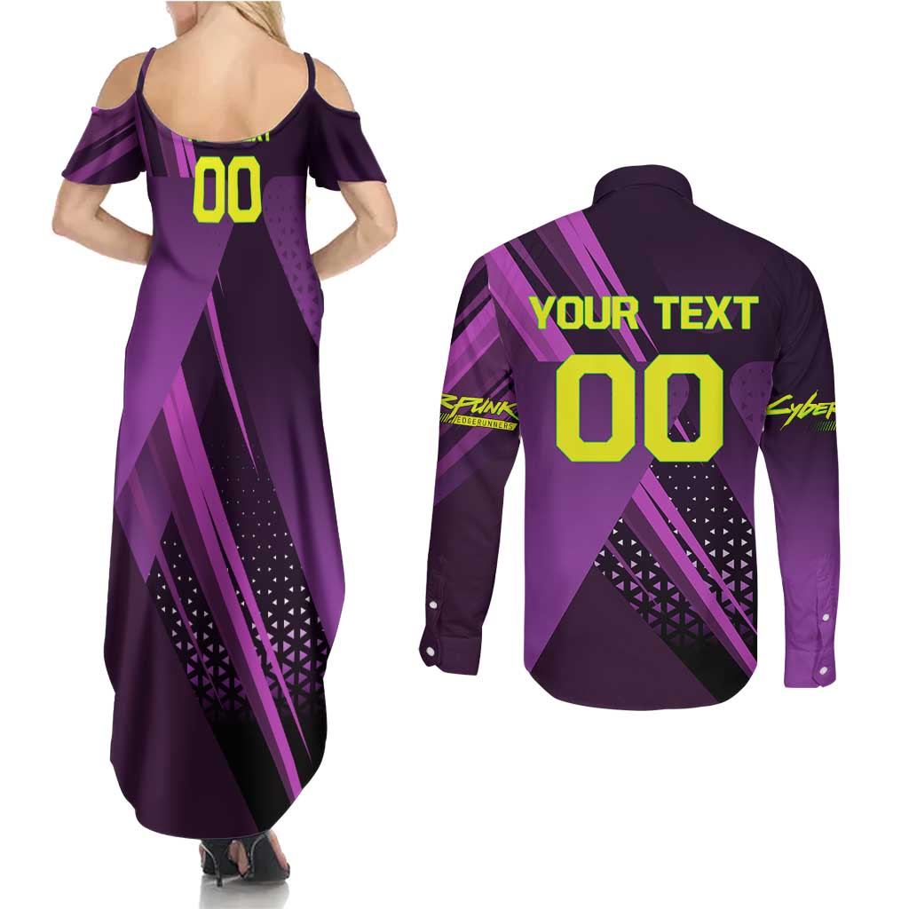 Personalized Lucy Tennis Design Couples Matching Summer Maxi Dress and Long Sleeve Button Shirt with a Cyberpunk Edgerunners Theme Featuring Neon Purple and Dynamic Poses
