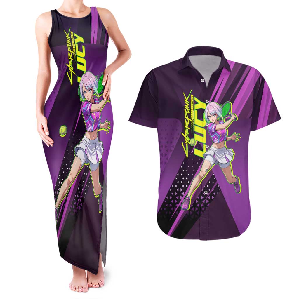 Personalized Lucy Tennis Design Couples Matching Tank Maxi Dress and Hawaiian Shirt with a Cyberpunk Edgerunners Theme Featuring Neon Purple and Dynamic Poses