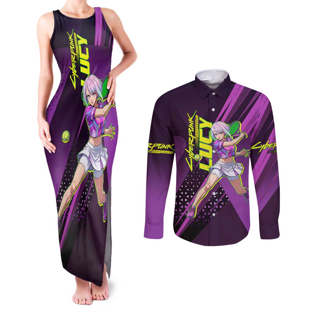 Personalized Lucy Tennis Design Couples Matching Tank Maxi Dress and Long Sleeve Button Shirt with a Cyberpunk Edgerunners Theme Featuring Neon Purple and Dynamic Poses