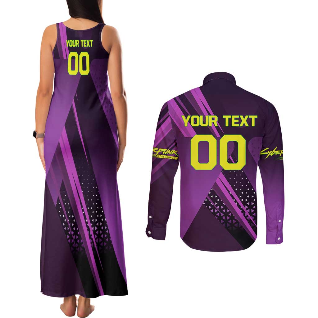 Personalized Lucy Tennis Design Couples Matching Tank Maxi Dress and Long Sleeve Button Shirt with a Cyberpunk Edgerunners Theme Featuring Neon Purple and Dynamic Poses