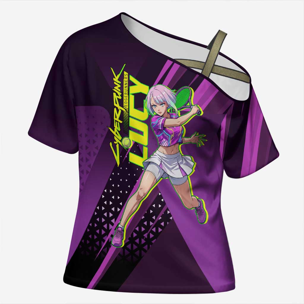 Personalized Lucy Tennis Design Cross Shoulder Shirt with a Cyberpunk Edgerunners Theme Featuring Neon Purple and Dynamic Poses