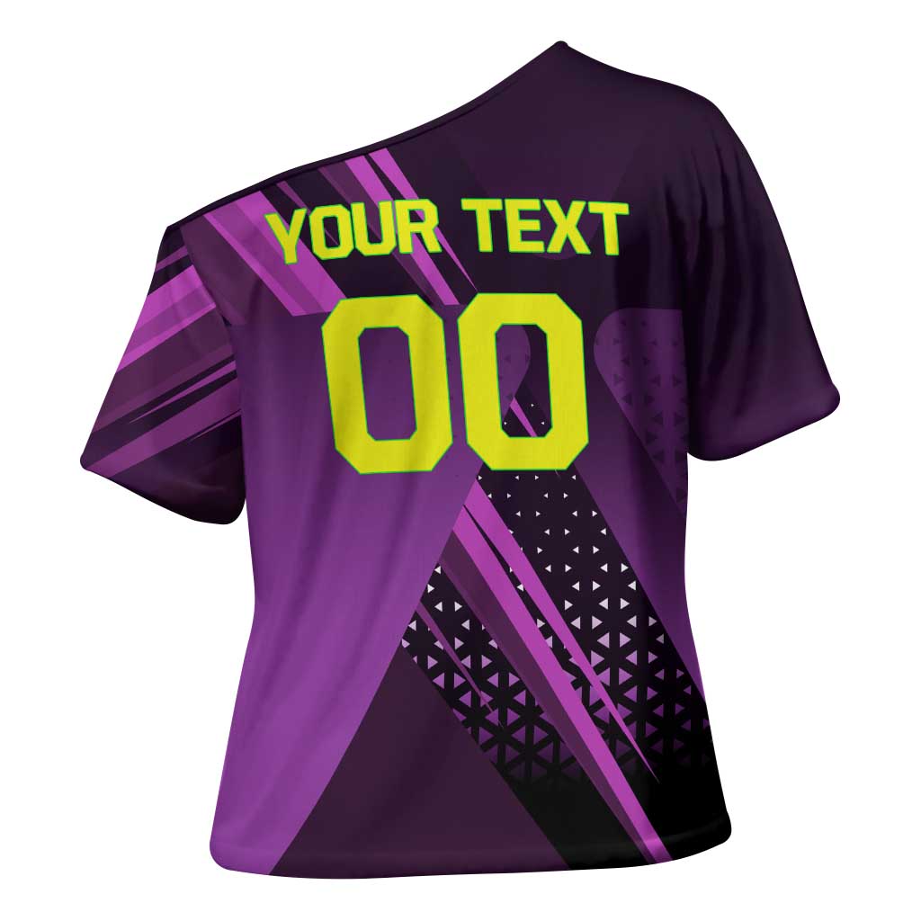 Personalized Lucy Tennis Design Cross Shoulder Shirt with a Cyberpunk Edgerunners Theme Featuring Neon Purple and Dynamic Poses