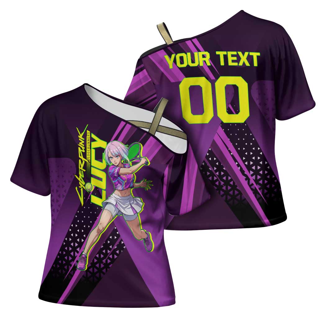 Personalized Lucy Tennis Design Cross Shoulder Shirt with a Cyberpunk Edgerunners Theme Featuring Neon Purple and Dynamic Poses
