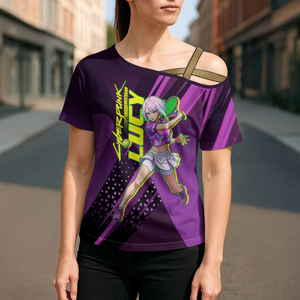 Personalized Lucy Tennis Design Cross Shoulder Shirt with a Cyberpunk Edgerunners Theme Featuring Neon Purple and Dynamic Poses