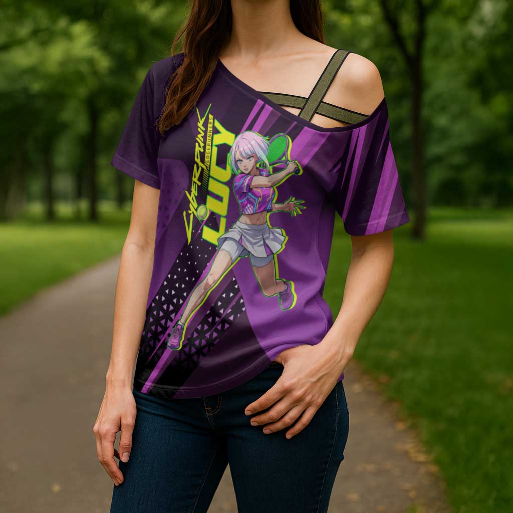 Personalized Lucy Tennis Design Cross Shoulder Shirt with a Cyberpunk Edgerunners Theme Featuring Neon Purple and Dynamic Poses