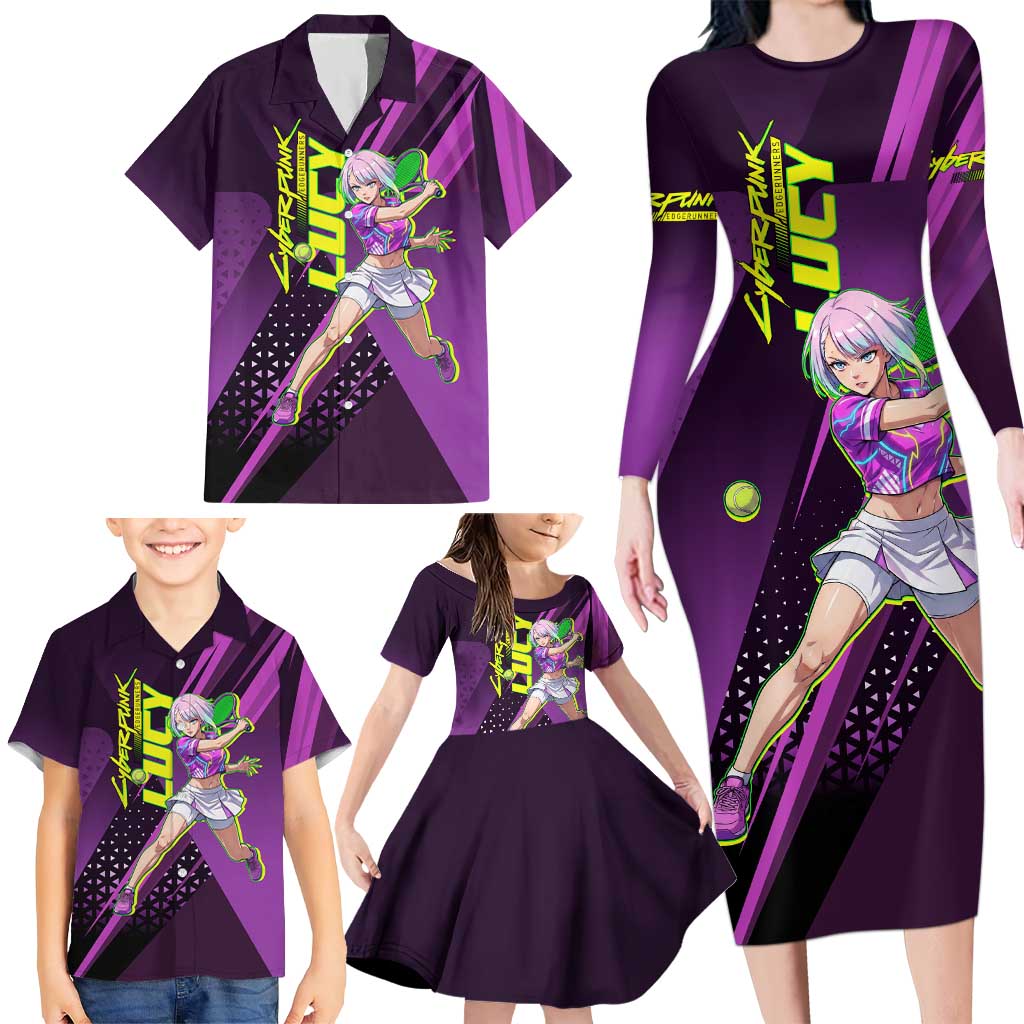 Personalized Lucy Tennis Design Family Matching Long Sleeve Bodycon Dress and Hawaiian Shirt with a Cyberpunk Edgerunners Theme Featuring Neon Purple and Dynamic Poses