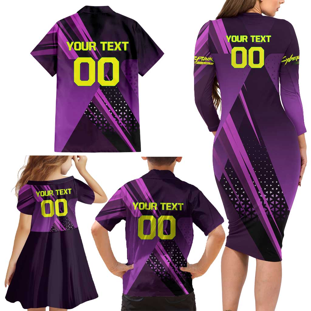 Personalized Lucy Tennis Design Family Matching Long Sleeve Bodycon Dress and Hawaiian Shirt with a Cyberpunk Edgerunners Theme Featuring Neon Purple and Dynamic Poses