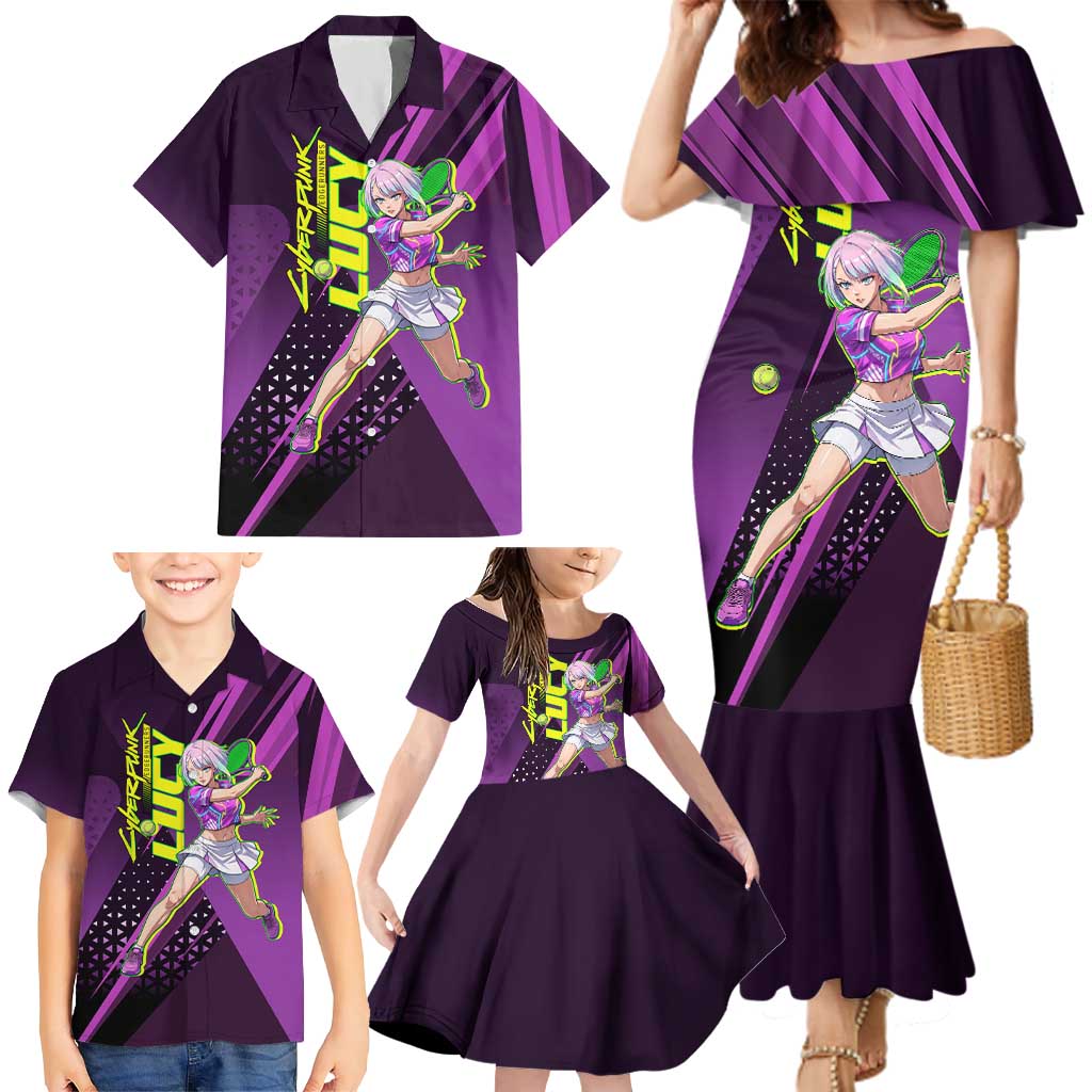 Personalized Lucy Tennis Design Family Matching Mermaid Dress and Hawaiian Shirt with a Cyberpunk Edgerunners Theme Featuring Neon Purple and Dynamic Poses
