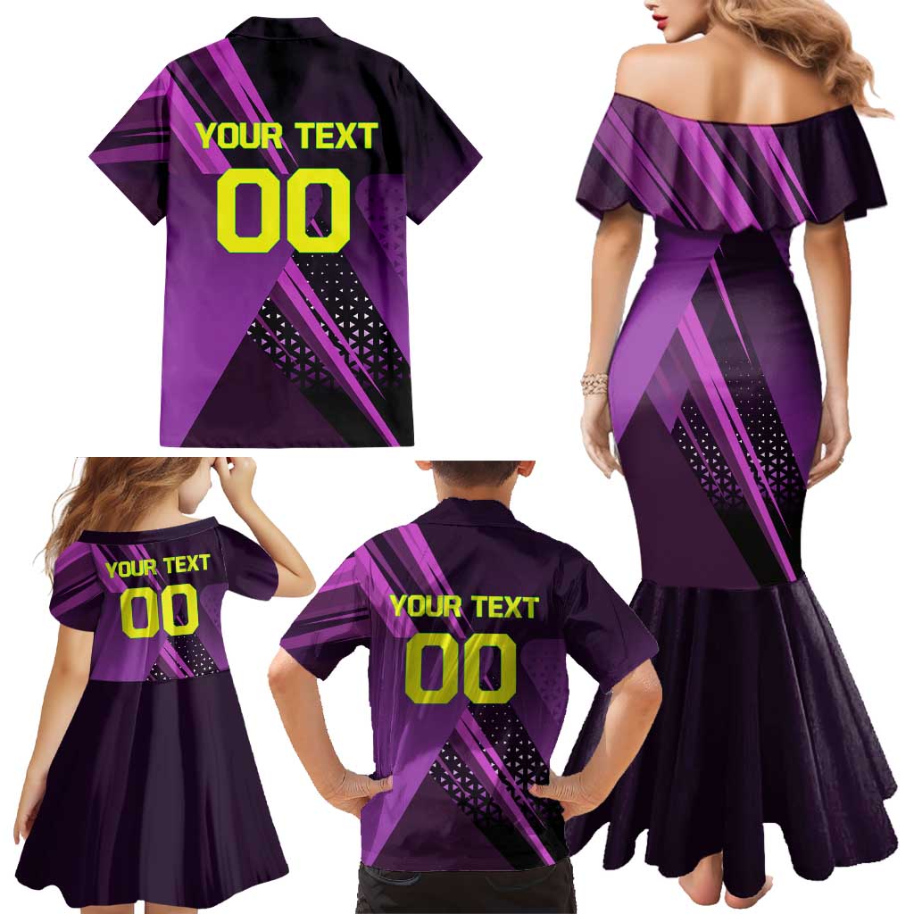 Personalized Lucy Tennis Design Family Matching Mermaid Dress and Hawaiian Shirt with a Cyberpunk Edgerunners Theme Featuring Neon Purple and Dynamic Poses
