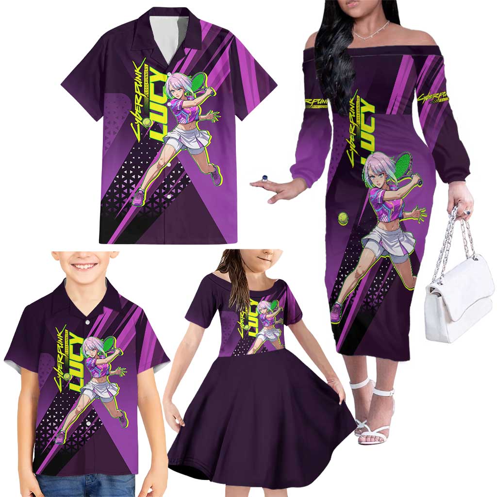 Personalized Lucy Tennis Design Family Matching Off The Shoulder Long Sleeve Dress and Hawaiian Shirt with a Cyberpunk Edgerunners Theme Featuring Neon Purple and Dynamic Poses