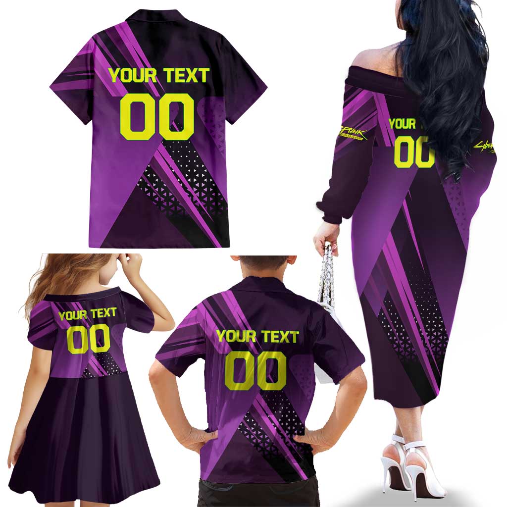 Personalized Lucy Tennis Design Family Matching Off The Shoulder Long Sleeve Dress and Hawaiian Shirt with a Cyberpunk Edgerunners Theme Featuring Neon Purple and Dynamic Poses