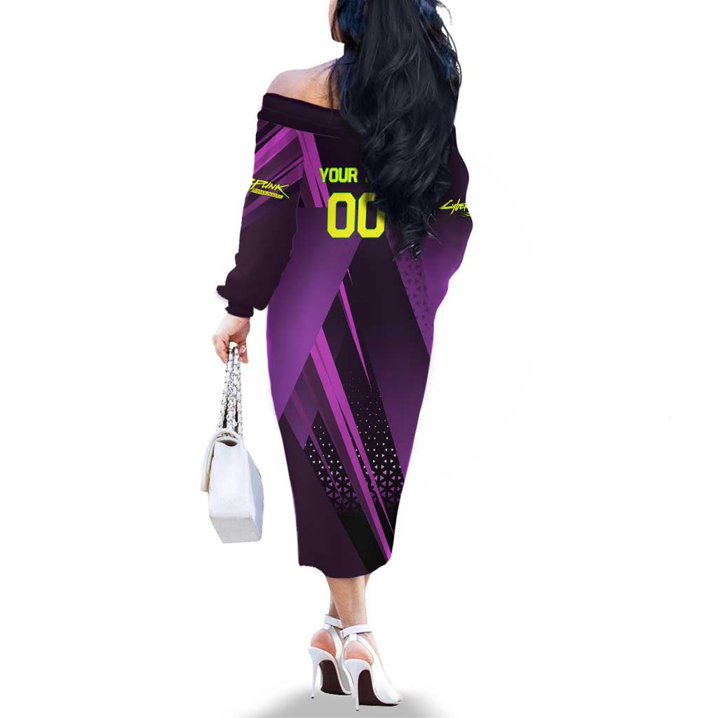 Personalized Lucy Tennis Design Family Matching Off The Shoulder Long Sleeve Dress and Hawaiian Shirt with a Cyberpunk Edgerunners Theme Featuring Neon Purple and Dynamic Poses
