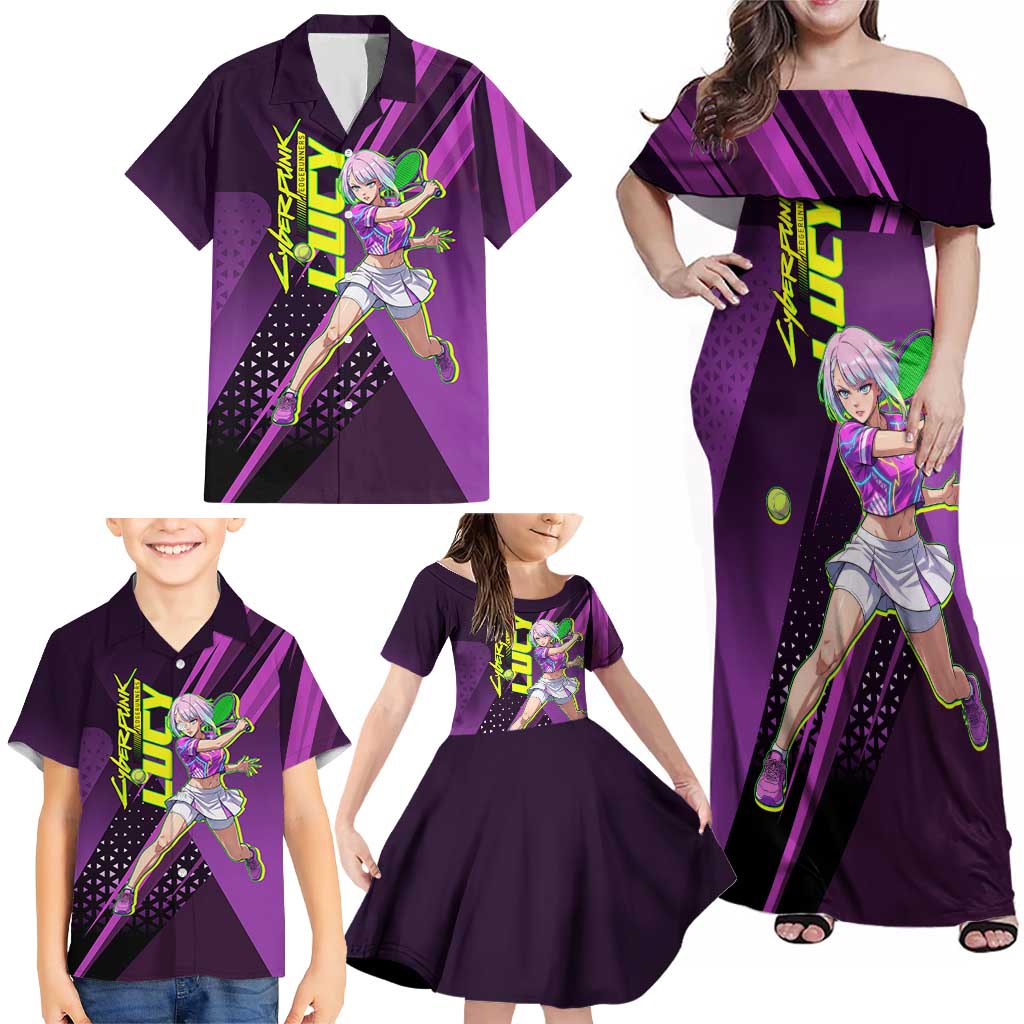 Personalized Lucy Tennis Design Family Matching Off Shoulder Maxi Dress and Hawaiian Shirt with a Cyberpunk Edgerunners Theme Featuring Neon Purple and Dynamic Poses