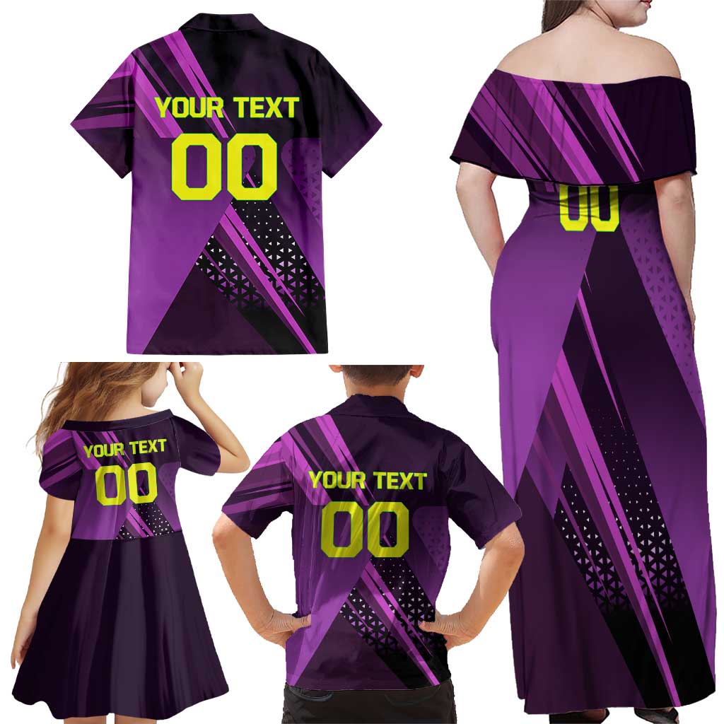 Personalized Lucy Tennis Design Family Matching Off Shoulder Maxi Dress and Hawaiian Shirt with a Cyberpunk Edgerunners Theme Featuring Neon Purple and Dynamic Poses