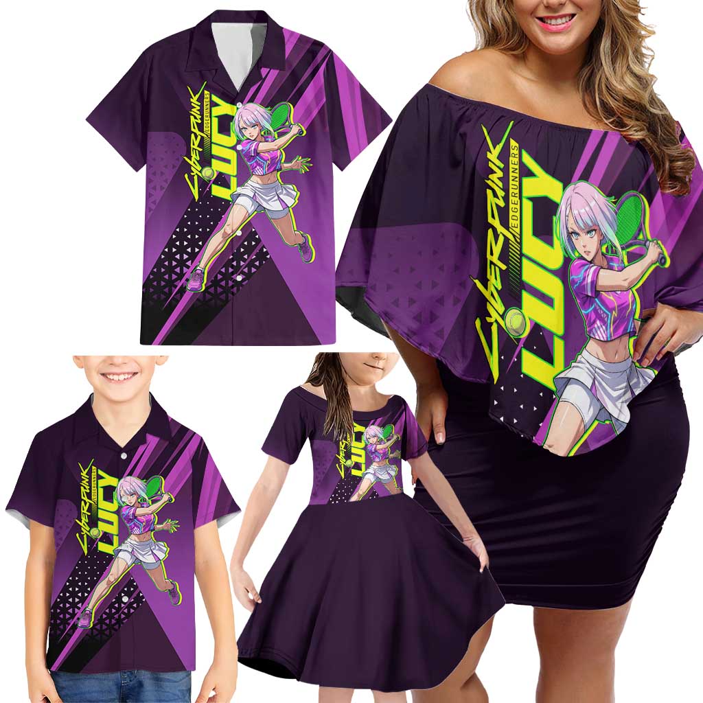 Personalized Lucy Tennis Design Family Matching Off Shoulder Short Dress and Hawaiian Shirt with a Cyberpunk Edgerunners Theme Featuring Neon Purple and Dynamic Poses