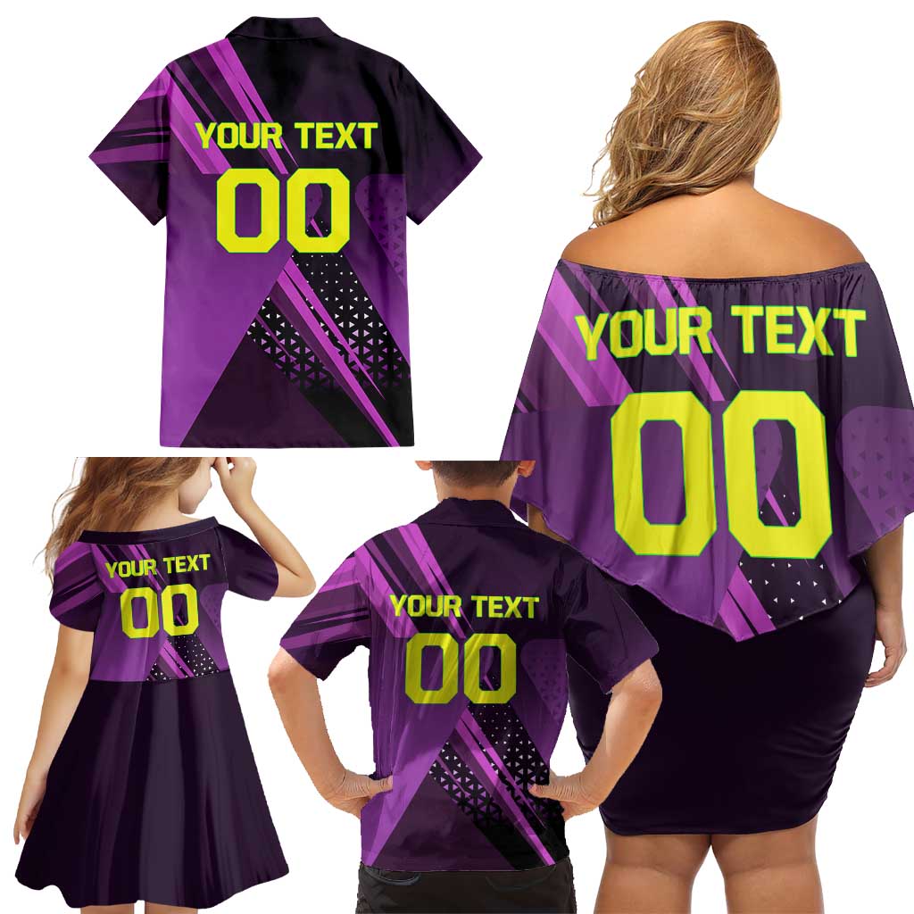 Personalized Lucy Tennis Design Family Matching Off Shoulder Short Dress and Hawaiian Shirt with a Cyberpunk Edgerunners Theme Featuring Neon Purple and Dynamic Poses