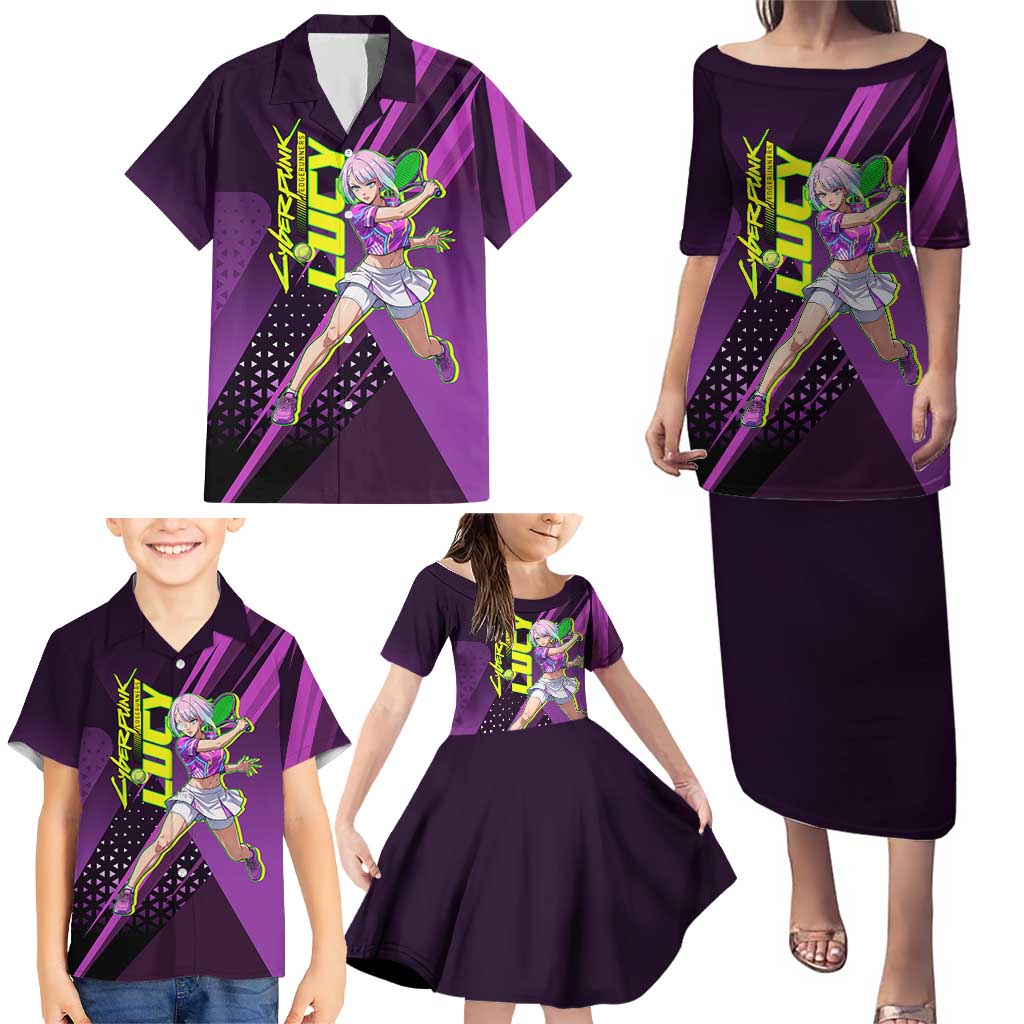 Personalized Lucy Tennis Design Family Matching Puletasi and Hawaiian Shirt with a Cyberpunk Edgerunners Theme Featuring Neon Purple and Dynamic Poses