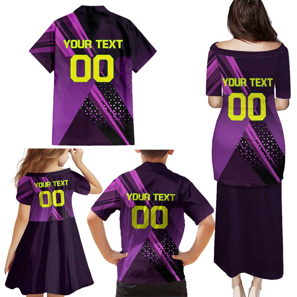 Personalized Lucy Tennis Design Family Matching Puletasi and Hawaiian Shirt with a Cyberpunk Edgerunners Theme Featuring Neon Purple and Dynamic Poses