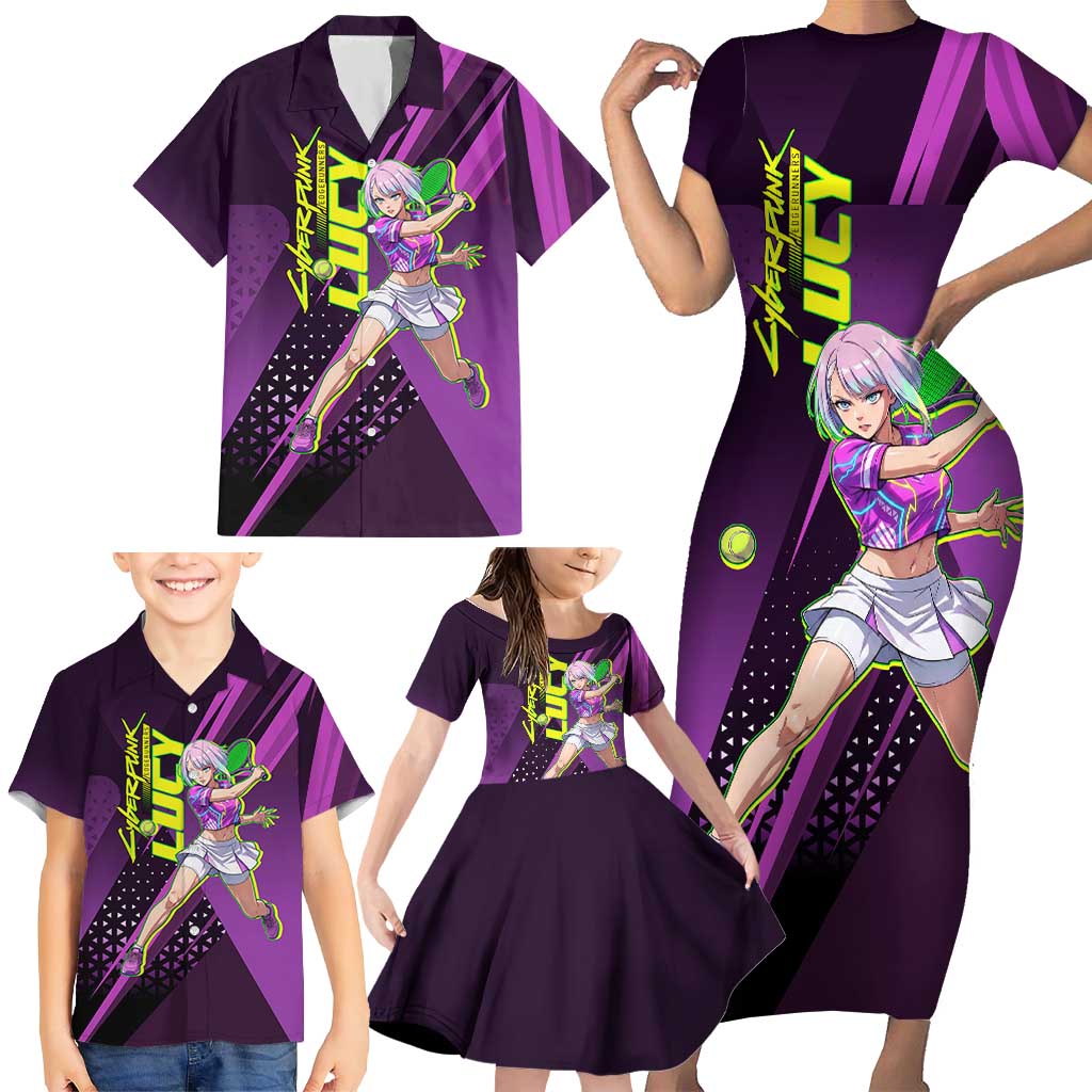 Personalized Lucy Tennis Design Family Matching Short Sleeve Bodycon Dress and Hawaiian Shirt with a Cyberpunk Edgerunners Theme Featuring Neon Purple and Dynamic Poses
