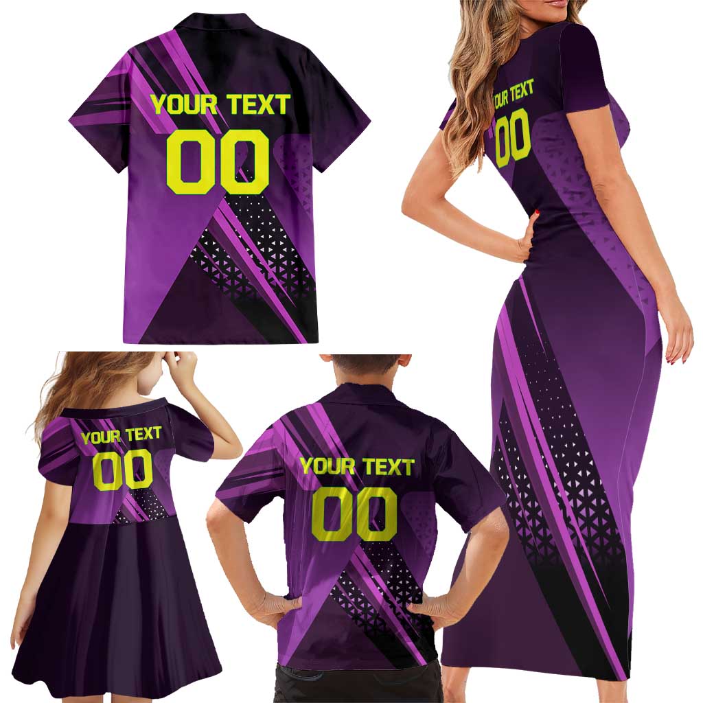 Personalized Lucy Tennis Design Family Matching Short Sleeve Bodycon Dress and Hawaiian Shirt with a Cyberpunk Edgerunners Theme Featuring Neon Purple and Dynamic Poses
