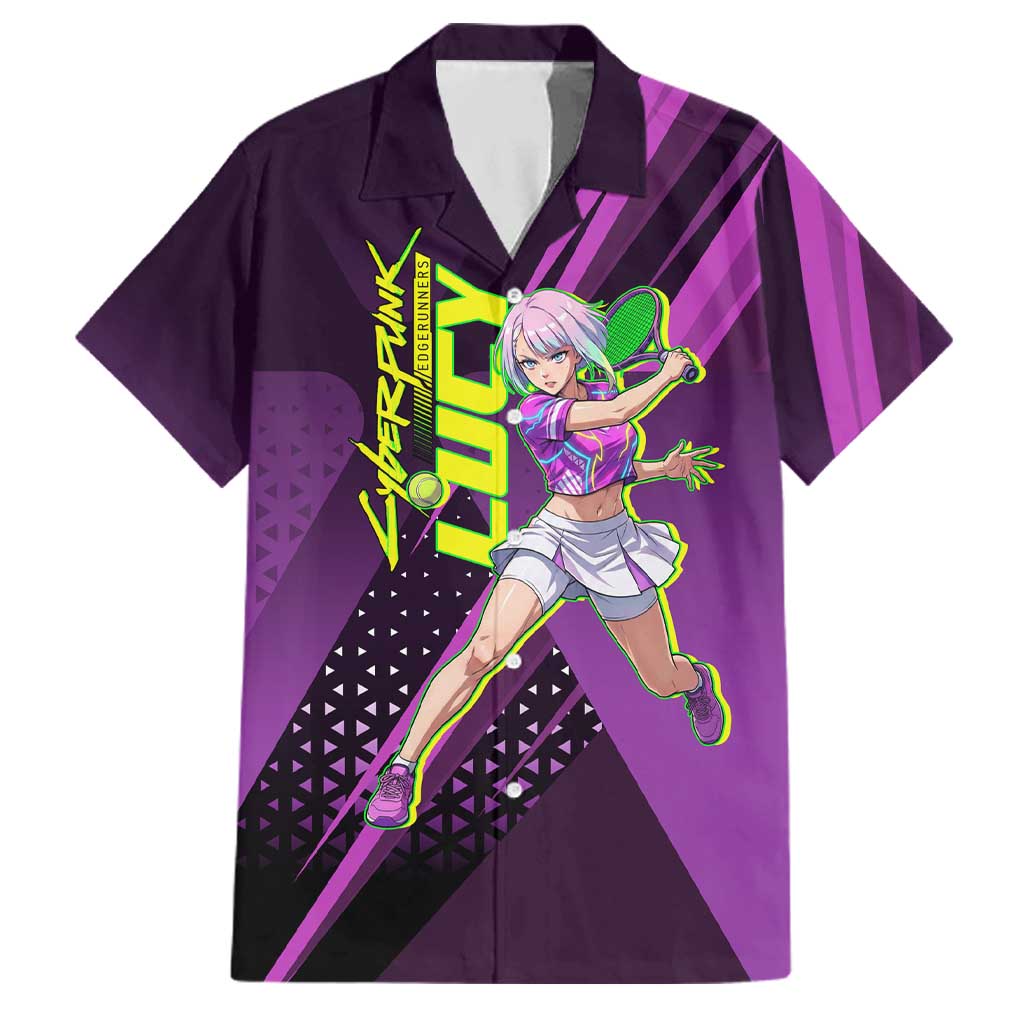 Personalized Lucy Tennis Design Family Matching Short Sleeve Bodycon Dress and Hawaiian Shirt with a Cyberpunk Edgerunners Theme Featuring Neon Purple and Dynamic Poses